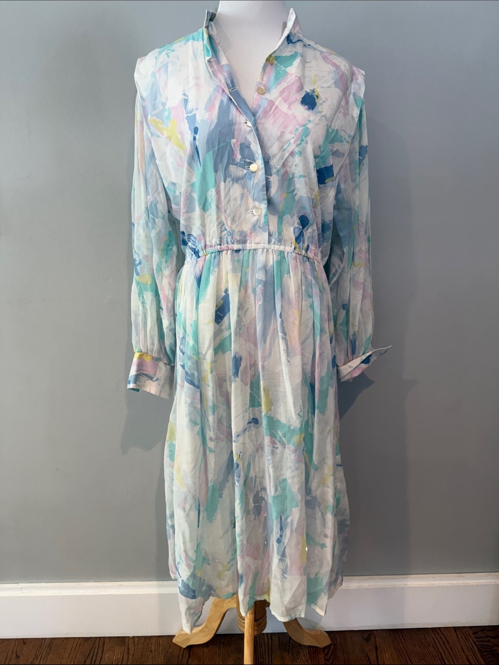 Vintage 80s Pastel Watercolor Long Sleeve Midi Dress- size 12